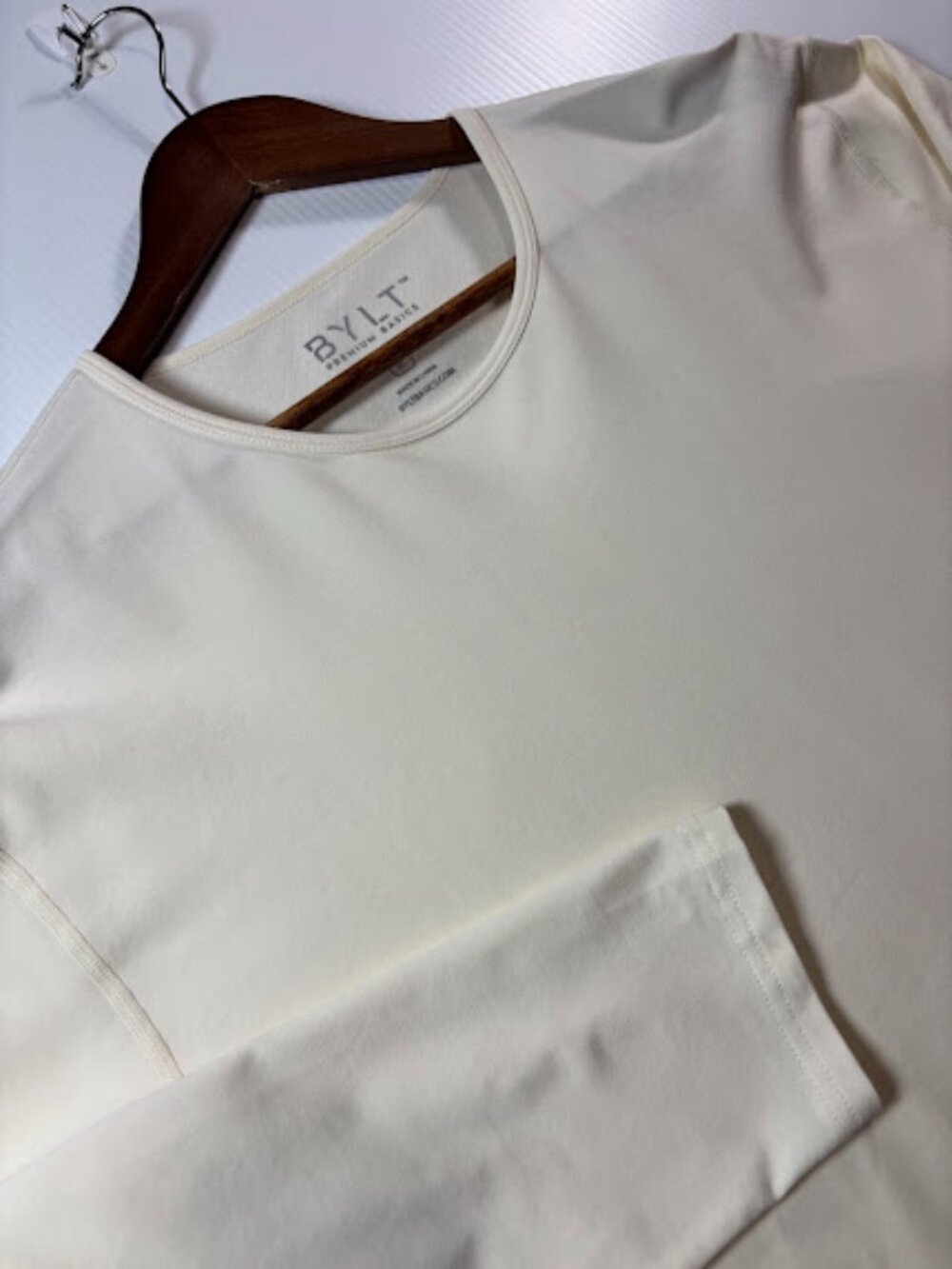 BYLT Drop Cut LS Lux Shirt Men's XL Off White Long Sleeve Curved Hem Crewneck